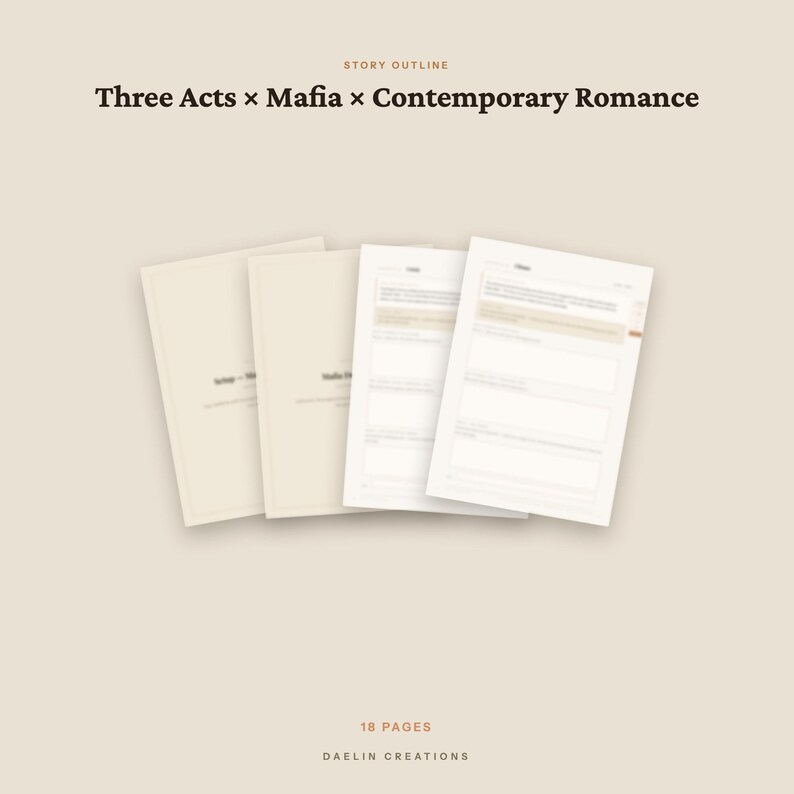 May include: A digital story outline template featuring the text Three Acts x Mafia x Contemporary Romance at the top. The document consists of 18 pages with a beige color scheme, displaying multiple stacked pages with structured sections for writing.