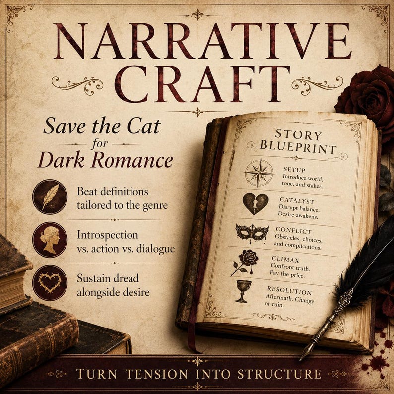 Op de afbeelding: Een instructieve afbeelding in vintage-stijl met de titel NARRATIVE CRAFT: Save the Cat for Dark Romance. Het toont een open boek met een STORY BLUEPRINT-lijst, een zwarte ganzenveer en donkerrode rozen op een perkamentachtige achtergrond.