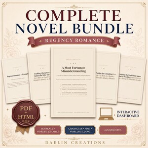 K&ouml;nnte beinhalten: Ein Complete Novel Bundle Regency Romance digitales Vorlagen-Set mit f&uuml;nf cremefarbenen Dokumenten mit dunklem Text, einer roten Wachssiegel-Grafik mit der Aufschrift PDF + HTML, einem Laptop-Symbol und Schaltfl&auml;chen f&uuml;r Template, Character, Plot, Goodnotes.