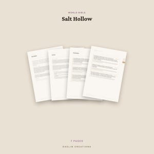 May include: A set of seven white paper pages titled World Bible Salt Hollow, featuring printed text in a dark font. The pages are arranged in a slightly fanned, overlapping layout against a solid light beige background with Daelin Creations text.