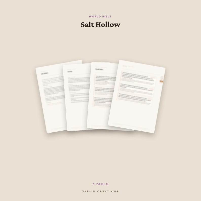 May include: A set of seven white paper pages titled World Bible Salt Hollow, featuring printed text in a dark font. The pages are arranged in a slightly fanned, overlapping layout against a solid light beige background with Daelin Creations text.