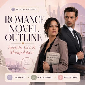 以下が含まれることがあります： 「ROMANCE NOVEL OUTLINE」と「Secrets, Lies & Manipulation」のテキストが入ったデジタル製品のグラフィック。画像には男性と女性が登場し、女性は新聞を持っています。追加のテキストには「15 CHAPTERS」、「HERO'S JOURNEY」、「SECOND CHANCE」が含まれています。
