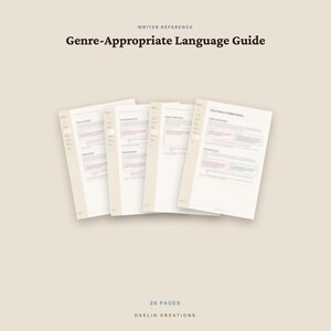 Puede incluir: Una gu&iacute;a de referencia para escritores de 26 p&aacute;ginas titulada Genre-Appropriate Language Guide de Daelin Creations. El documento muestra cuatro p&aacute;ginas blancas superpuestas con texto oscuro, secciones estructuradas y resaltados rectangulares rosa claro.