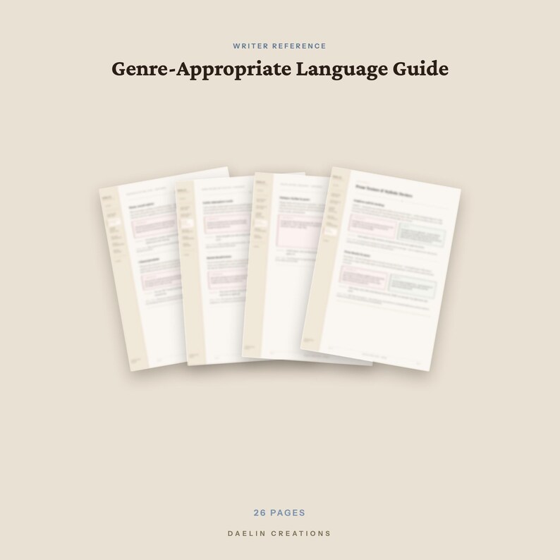 Puede incluir: Una gu&iacute;a de referencia para escritores de 26 p&aacute;ginas titulada Genre-Appropriate Language Guide de Daelin Creations. El documento muestra cuatro p&aacute;ginas blancas superpuestas con texto oscuro, secciones estructuradas y resaltados rectangulares rosa claro.