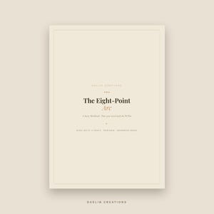 May include: A cream-colored digital workbook cover titled The Eight-Point Arc, A Story Workbook Plan your novel with the W-Plot. It features the text Daelin Creations at the top and bottom, with a thin rectangular border framing the centered text.