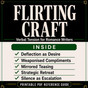 Peut inclure: Un guide de r&eacute;f&eacute;rence num&eacute;rique intitul&eacute; FLIRTING CRAFT : Verbal Tension for Romance Writers. Le document &eacute;num&egrave;re cinq techniques : Deflection as Desire, Weaponised Compliments, Mirrored Teasing, Strategic Retreat et Silence as Escalation.