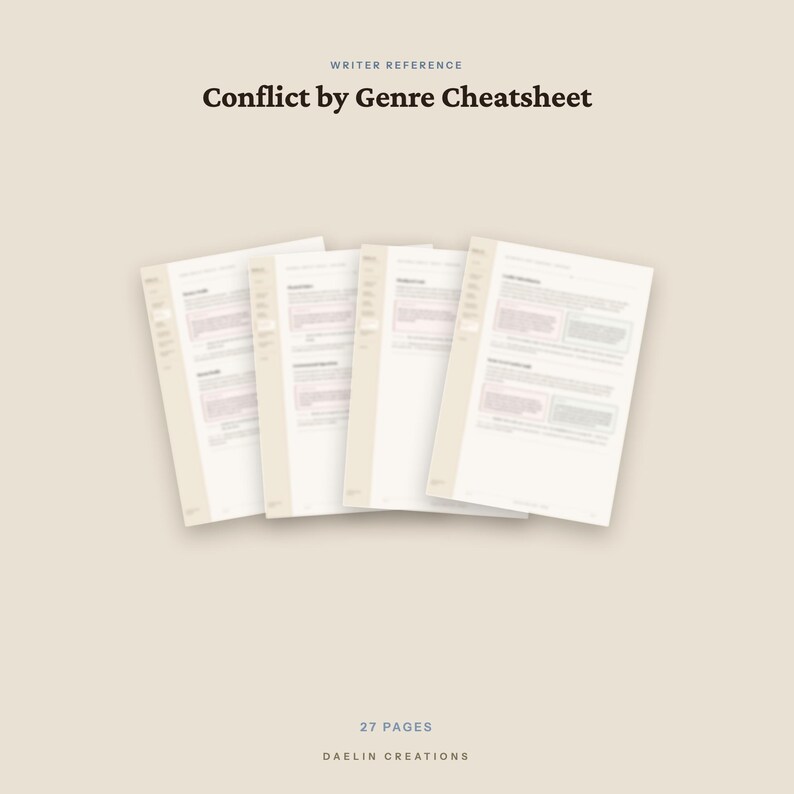 Pode incluir: Um documento digital intitulado Writer Reference Conflict by Genre Cheatsheet, composto por 27 p&aacute;ginas. O documento apresenta quatro p&aacute;ginas brancas sobrepostas com texto preto e destaques em rosa claro sobre um fundo bege s&oacute;lido.