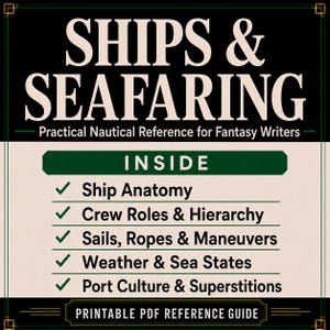 K&ouml;nnte beinhalten: Ein druckbarer PDF-Referenzleitfaden mit dem Titel SHIPS & SEAFARING: Practical Nautical Reference for Fantasy Writers. Der Text listet Inhalte auf, darunter Ship Anatomy, Crew Roles & Hierarchy, Sails, Ropes & Maneuvers, Weather & Sea States und Port Culture & Superstitions.