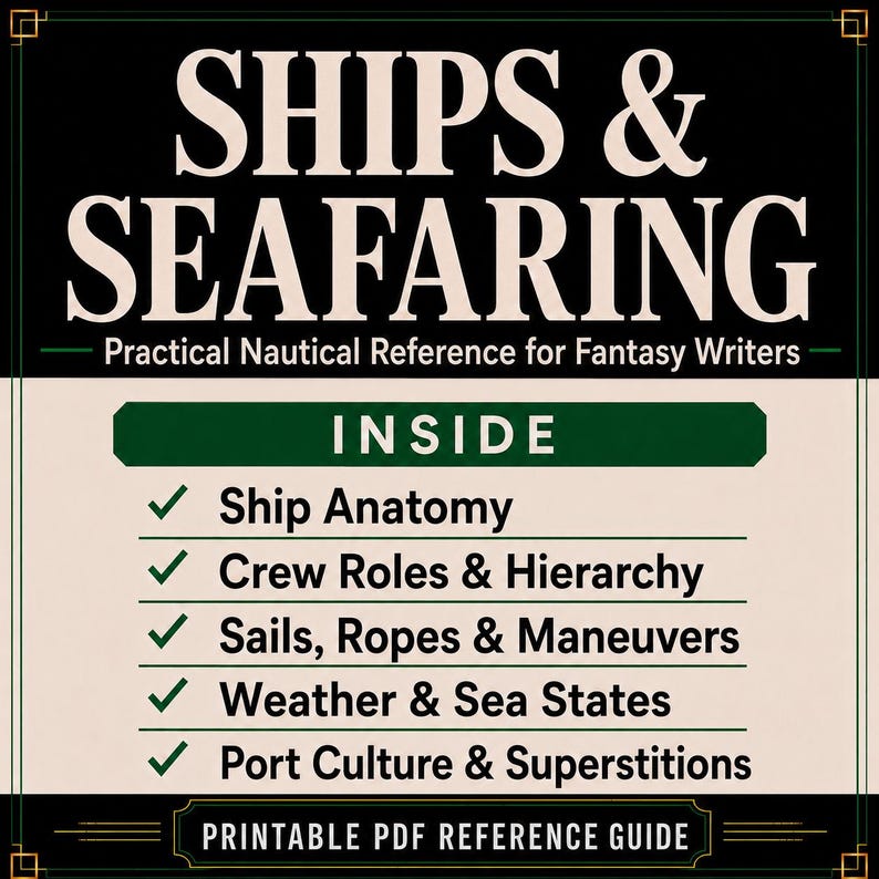 K&ouml;nnte beinhalten: Ein druckbarer PDF-Referenzleitfaden mit dem Titel SHIPS & SEAFARING: Practical Nautical Reference for Fantasy Writers. Der Text listet Inhalte auf, darunter Ship Anatomy, Crew Roles & Hierarchy, Sails, Ropes & Maneuvers, Weather & Sea States und Port Culture & Superstitions.