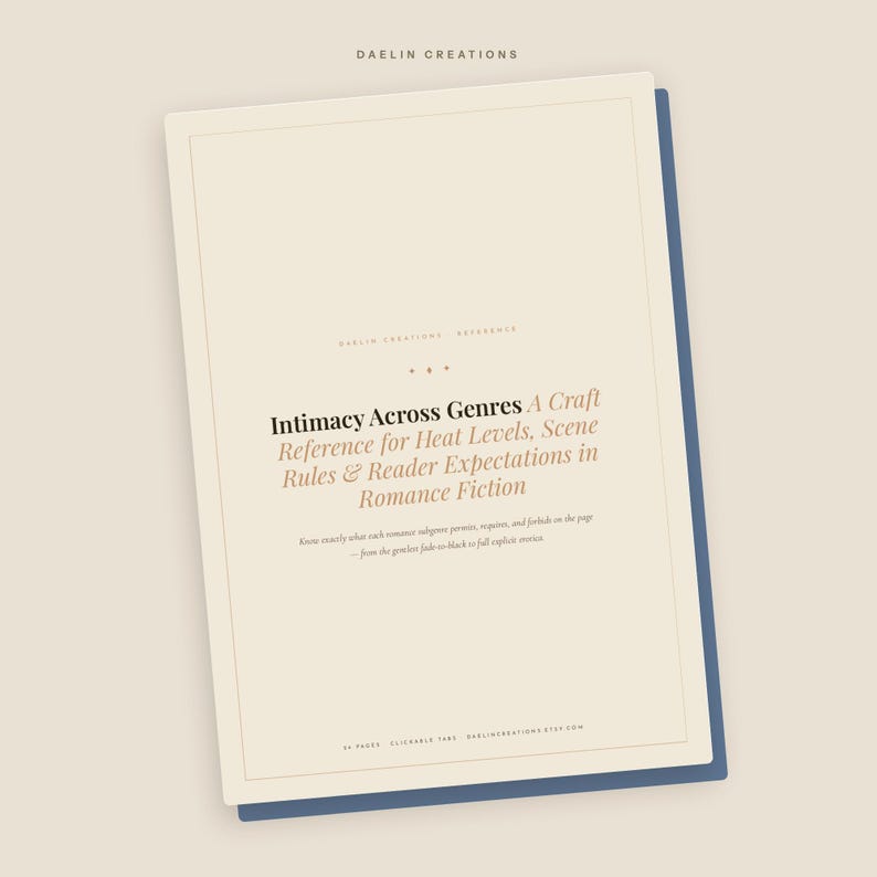 Peut inclure: Un guide de r&eacute;f&eacute;rence num&eacute;rique intitul&eacute; Intimacy Across Genres: A Craft Reference for Heat Levels, Scene Rules & Reader Expectations in Romance Fiction. Le document pr&eacute;sente une couverture cr&egrave;me avec du texte noir et beige, la marque Daelin Creations et une bordure bleu fonc&eacute;.