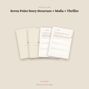May include: A 16-page story outline document titled Seven Point Story Structure x Mafia x Thriller by Daelin Creations. The document features a series of white pages with structured text fields and headers, presented in a clean, minimalist layout.