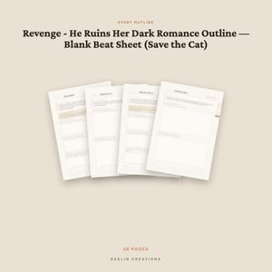 Pode incluir: Um modelo de esbo&ccedil;o de hist&oacute;ria de 26 p&aacute;ginas intitulado Revenge - He Ruins Her Dark Romance Outline - Blank Beat Sheet (Save the Cat) da Daelin Creations. O documento apresenta quatro p&aacute;ginas brancas sobrepostas com se&ccedil;&otilde;es estruturadas.