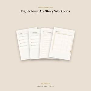 May include: The Daelin Creations Eight-Point Arc Story Workbook is a 20-page document featuring four overlapping white pages with dark text and light orange accents. The pages contain structured sections for story planning and chapter outlines.