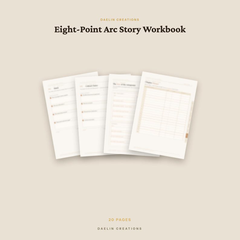 May include: The Daelin Creations Eight-Point Arc Story Workbook is a 20-page document featuring four overlapping white pages with dark text and light orange accents. The pages contain structured sections for story planning and chapter outlines.