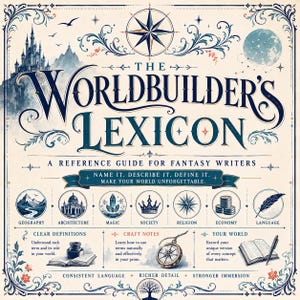 May include: A square book cover titled The Worldbuilder's Lexicon: A Reference Guide for Fantasy Writers. The design features dark blue text, a compass rose, a castle, a moon, and seven circular icons representing geography, architecture, magic, society, religion, economy, and language, with additional illustrations of an inkwell, a compass, and a notebook.