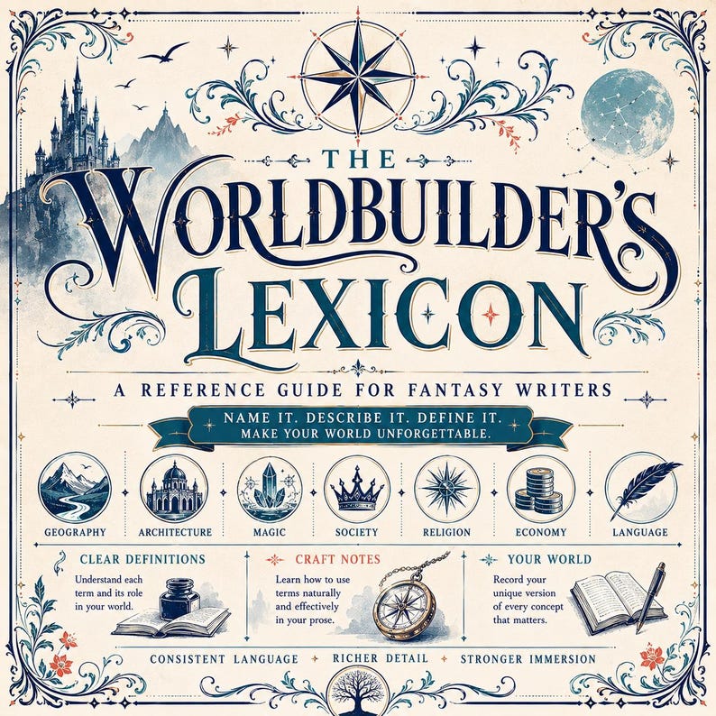 May include: A square book cover titled The Worldbuilder's Lexicon: A Reference Guide for Fantasy Writers. The design features dark blue text, a compass rose, a castle, a moon, and seven circular icons representing geography, architecture, magic, society, religion, economy, and language, with additional illustrations of an inkwell, a compass, and a notebook.