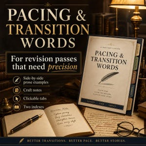 May include: A writer's guide titled Pacing & Transition Words with a feather quill illustration, featuring clickable tabs labeled Overview, By Function, By Context, Examples, and Indexes. An open notebook with handwritten revision notes sits nearby.