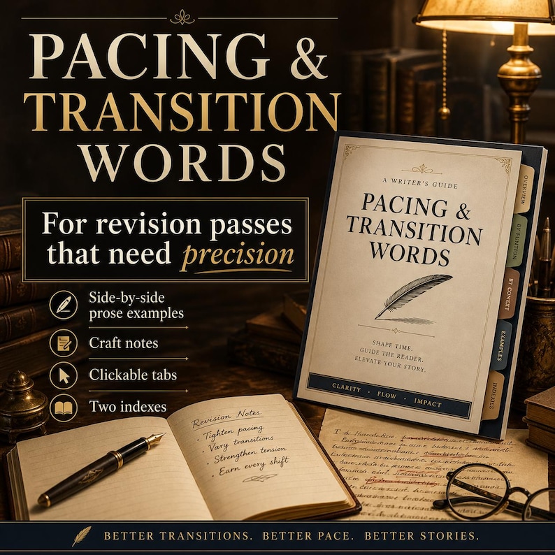 May include: A writer's guide titled Pacing & Transition Words with a feather quill illustration, featuring clickable tabs labeled Overview, By Function, By Context, Examples, and Indexes. An open notebook with handwritten revision notes sits nearby.