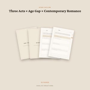 May include: A digital story outline template for a contemporary romance novel featuring an age gap theme. The document includes eighteen pages with structured sections for three acts, displayed as a set of four overlapping white paper sheets.