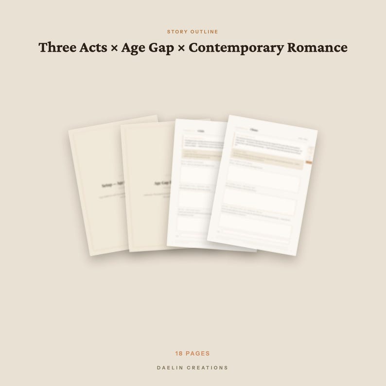 May include: A digital story outline template for a contemporary romance novel featuring an age gap theme. The document includes eighteen pages with structured sections for three acts, displayed as a set of four overlapping white paper sheets.
