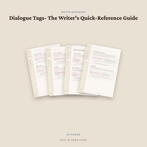Pode incluir: Um documento digital intitulado Dialogue Tags- The Writer's Quick-Reference Guide, apresentando v&aacute;rias p&aacute;ginas com texto e se&ccedil;&otilde;es organizadas. O layout &eacute; limpo com um fundo bege, exibindo 23 p&aacute;ginas da Daelin Creations.