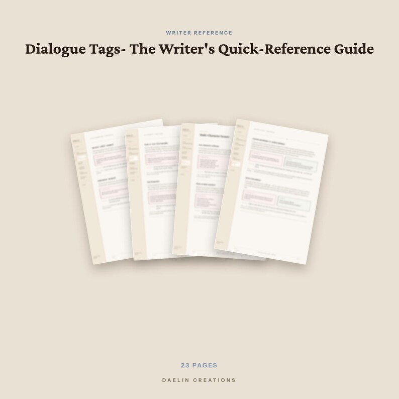 Pode incluir: Um documento digital intitulado Dialogue Tags- The Writer's Quick-Reference Guide, apresentando v&aacute;rias p&aacute;ginas com texto e se&ccedil;&otilde;es organizadas. O layout &eacute; limpo com um fundo bege, exibindo 23 p&aacute;ginas da Daelin Creations.