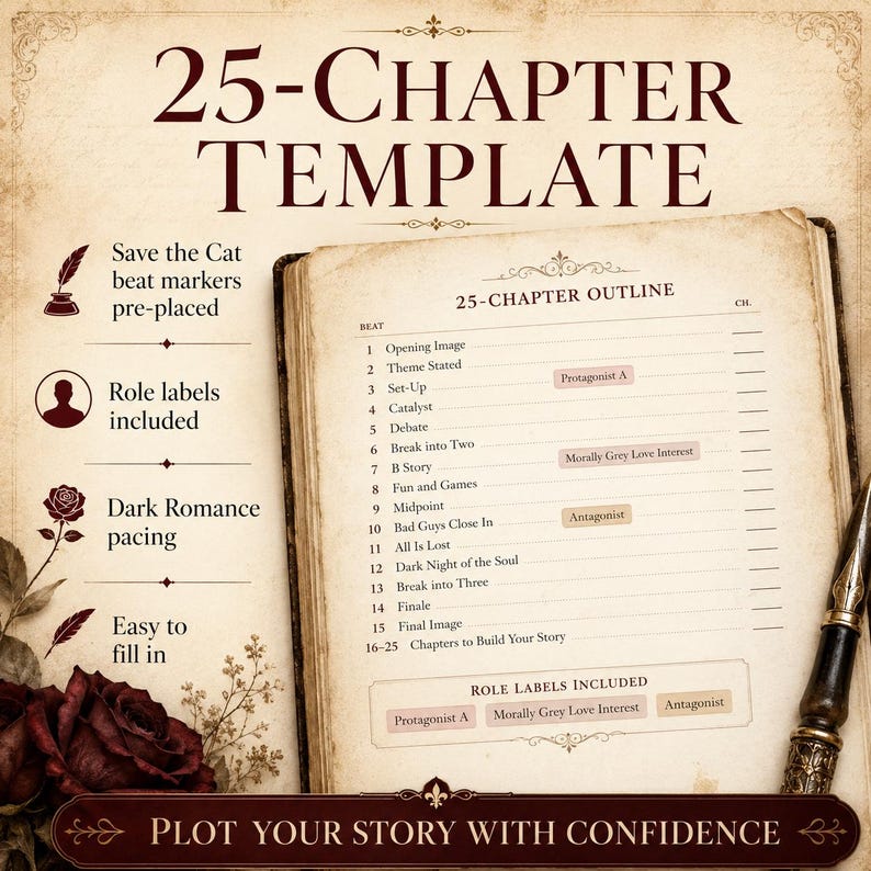 Op de afbeelding: Een 25-hoofdstukken schrijfsjabloon op verouderd papier met een lijst van verhaalbeats van Opening Image tot Final Image. Het document bevat vooraf geplaatste Save the Cat-markeringen, rollabels voor Protagonist A, Morally Grey Love Interest en Antagonist, met dark romance tempotips en een vulpen aan de rechterkant.