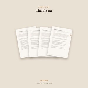 May include: A complete kit titled The Bloom, consisting of 34 pages of printed documents. The text is displayed in a dark font against a light background, with four overlapping sheets showing detailed written content and Daelin Creations branding.