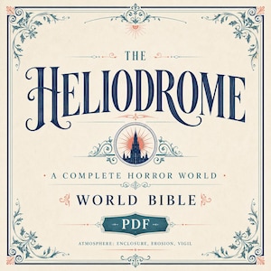 May include: A square graphic featuring the text THE HELIODROME A COMPLETE HORROR WORLD WORLD BIBLE PDF ATMOSPHERE: ENCLOSURE, EROSION, VIGIL. The design uses dark blue and muted red ink on a cream background with ornate filigree borders and a central icon.