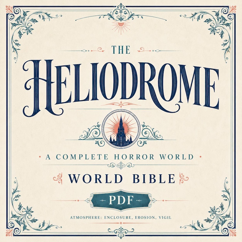May include: A square graphic featuring the text THE HELIODROME A COMPLETE HORROR WORLD WORLD BIBLE PDF ATMOSPHERE: ENCLOSURE, EROSION, VIGIL. The design uses dark blue and muted red ink on a cream background with ornate filigree borders and a central icon.