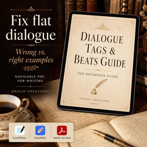 May include: A digital tablet displaying a beige PDF reference guide titled Dialogue Tags & Beats Guide with a quill and inkwell icon. The screen shows the text Daelin Creations, while the bottom displays icons for GoodNotes, Notability, and Adobe Acrobat.
