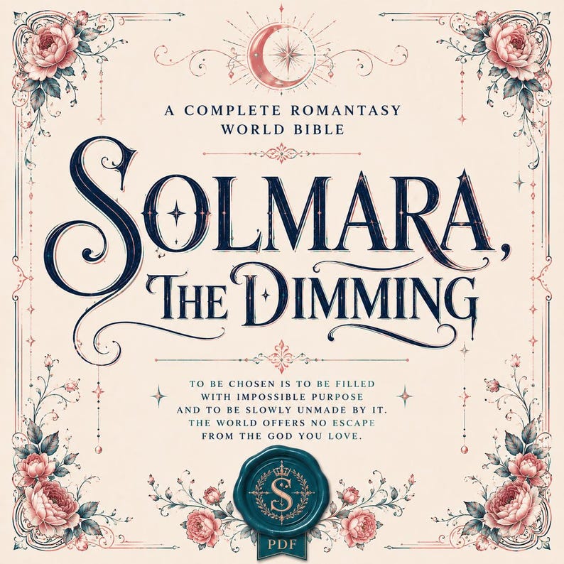 Pu&ograve; includere: Una copertina di libro intitolata Solmara, The Dimming, A Complete Romantasy World Bible. Il testo &egrave; blu scuro su sfondo crema, incorniciato da illustrazioni floreali rosa. Un sigillo in ceralacca verde acqua con una S &egrave; al centro.
