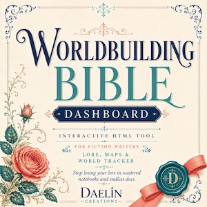 Pode incluir: Um gr&aacute;fico quadrado com o texto Worldbuilding Bible Dashboard, Interactive HTML Tool for Fiction Writers, Lore, Maps & World Tracker, e Daelin Creations. O design inclui uma grande rosa cor-de-rosa, um selo de cera azul-petr&oacute;leo e bordas ornamentadas.