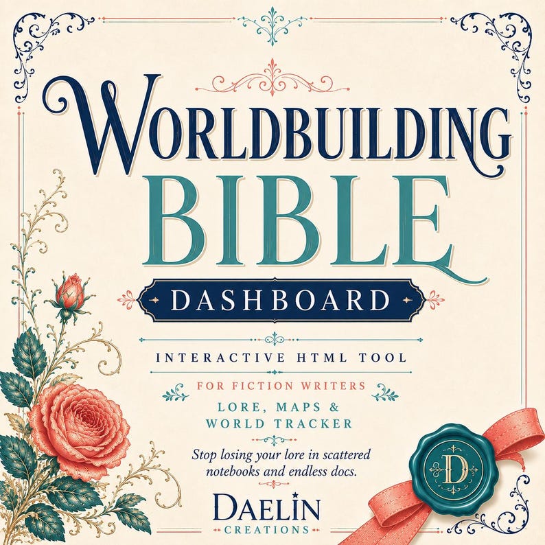 Pode incluir: Um gr&aacute;fico quadrado com o texto Worldbuilding Bible Dashboard, Interactive HTML Tool for Fiction Writers, Lore, Maps & World Tracker, e Daelin Creations. O design inclui uma grande rosa cor-de-rosa, um selo de cera azul-petr&oacute;leo e bordas ornamentadas.