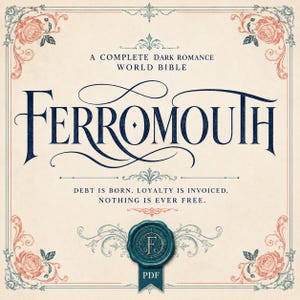 May include: A digital book cover titled FERROMOUTH, A COMPLETE DARK ROMANCE WORLD BIBLE. The text reads: DEBT IS BORN. LOYALTY IS INVOICED. NOTHING IS EVER FREE. It features a teal wax seal with an F and the word PDF, framed by floral corners.