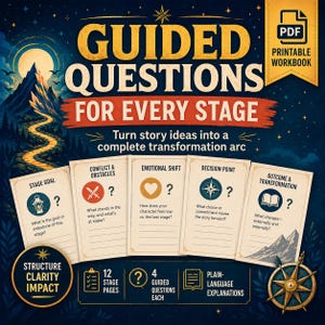May include: A printable PDF workbook with the title "Guided Questions for Every Stage." The design features a night sky with mountains, a compass, and cards with questions about story development. The workbook includes 12 stage pages and 4 guided questions each.