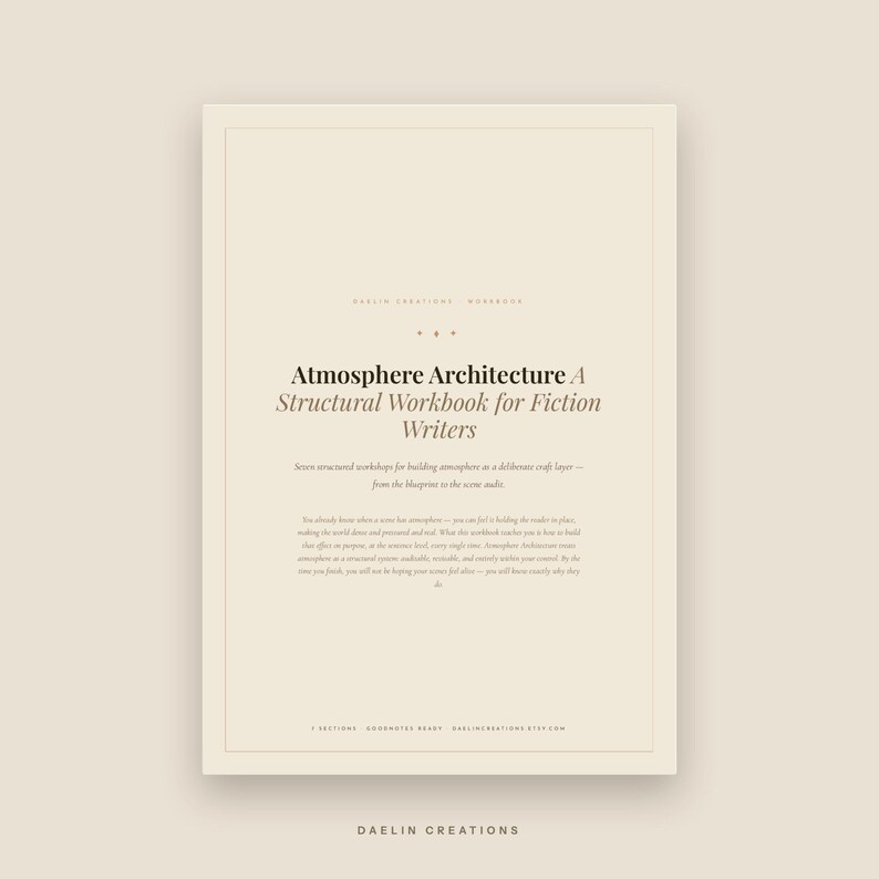 May include: A beige digital workbook titled Atmosphere Architecture A Structural Workbook for Fiction Writers. The cover features dark text detailing seven structured workshops for building atmosphere, with sections for Goodnotes and Daelin Creations.