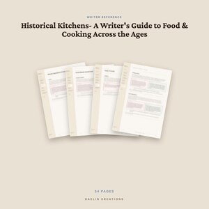 May include: A 34-page digital guide titled Historical Kitchens- A Writer's Guide to Food & Cooking Across the Ages by Daelin Creations. The document features four overlapping white pages with dark text, organized sections, and headers.