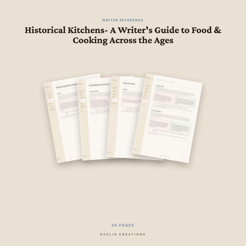 May include: A 34-page digital guide titled Historical Kitchens- A Writer's Guide to Food & Cooking Across the Ages by Daelin Creations. The document features four overlapping white pages with dark text, organized sections, and headers.