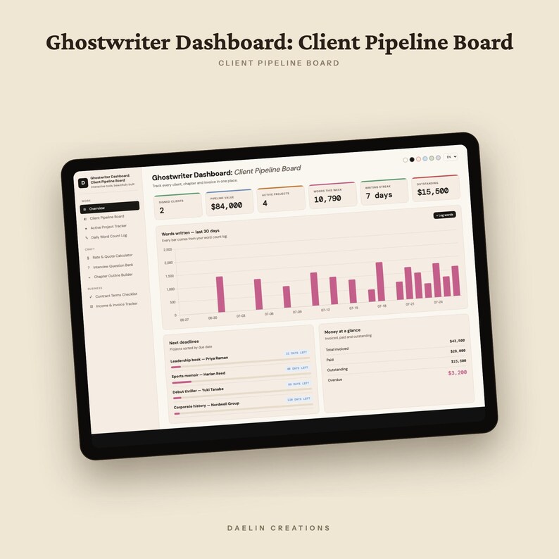 Ghostwriter-Dashboard | Kunden-Pipeline-Board, Honorarrechner, Interviewfragen-Datenbank & Rechnungs-Tracker (HTML-Tool) Bild 5