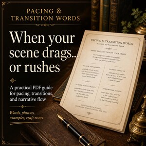 May include: A printed guide titled Pacing & Transition Words: A Guide to Narrative Flow, featuring sections on shaping story rhythm, slowing down, speeding up, moving between scenes, and showing time passing, displayed with a fountain pen on a book.