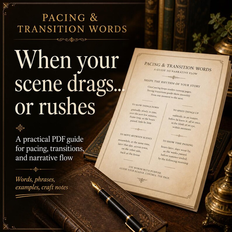May include: A printed guide titled Pacing & Transition Words: A Guide to Narrative Flow, featuring sections on shaping story rhythm, slowing down, speeding up, moving between scenes, and showing time passing, displayed with a fountain pen on a book.