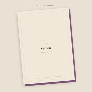 May include: A rectangular digital document with a cream-colored background and a dark purple border. The text reads Daelin Creations, Velthane, Fantasy One-of-One World, and 1 Pages Clickable Tabs DaelinCreations.etsy.com in a clean serif font.
