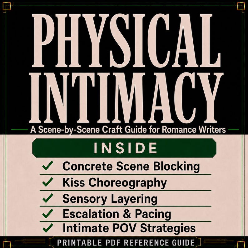May include: A rectangular guide titled PHYSICAL INTIMACY: A Scene-by-Scene Craft Guide for Romance Writers. The text lists features: Concrete Scene Blocking, Kiss Choreography, Sensory Layering, Escalation & Pacing, and Intimate POV Strategies.