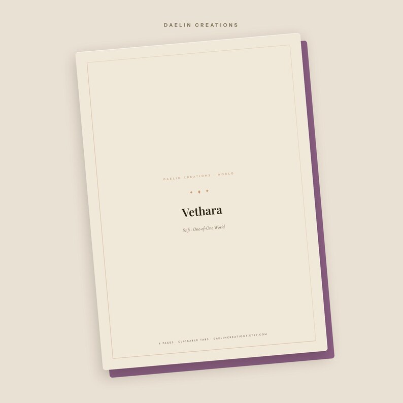 May include: A rectangular digital planner page with a cream background and a dark purple border. The text reads Daelin Creations, Vethara, Self-One-of-One World, and 5 Pages Clickable Tabs DaelinCreations.etsy.com in a clean, black serif font.