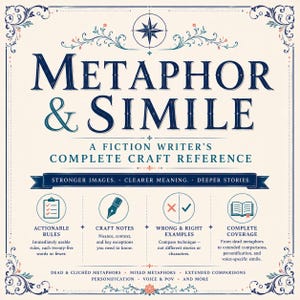 May include: A square instructional poster titled Metaphor & Simile: A Fiction Writer's Complete Craft Reference. The design features dark blue text on a cream background with ornate floral borders, a compass icon, and four circular icons with text.