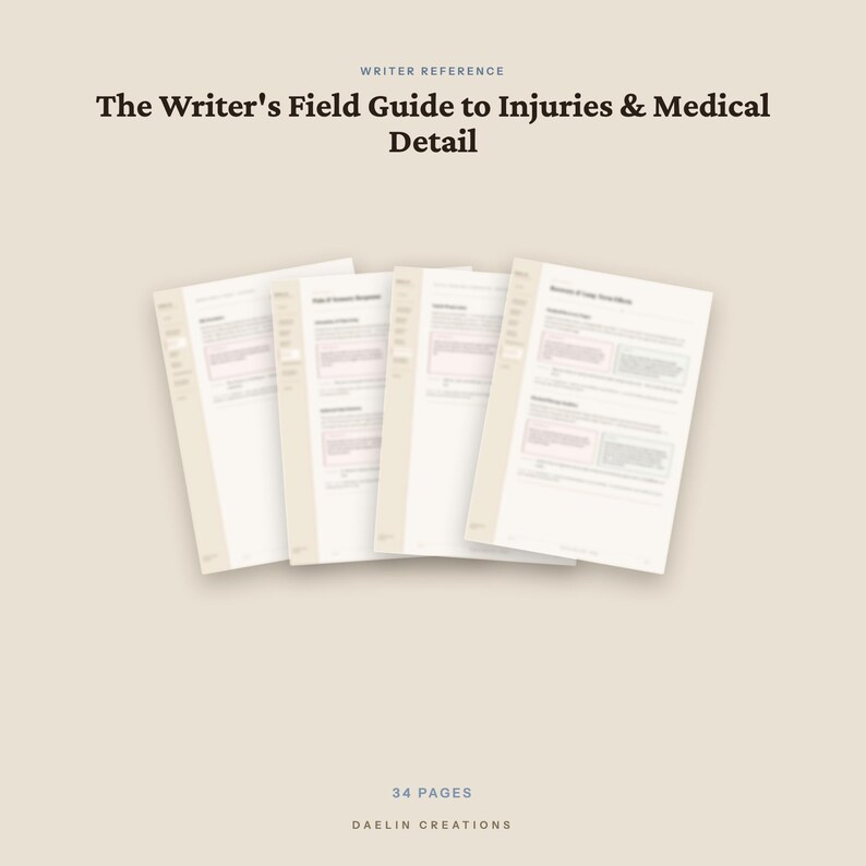 Guide till skador och medicinska detaljer | Referensguide för skönlitteratur | Sårnoggrannhet, traumaskrivning, medicinsk realism | Goodnotes PDF bild 4