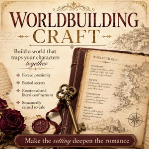 Op de afbeelding: Een boek in vintage-stijl getiteld WORLDBUILDING CRAFT met een kaartillustratie, een koperen sleutel en een rood waszegel. De tekst bevat tips over geografie, samenleving en geheimen, met een donkerrode roos in de hoek.
