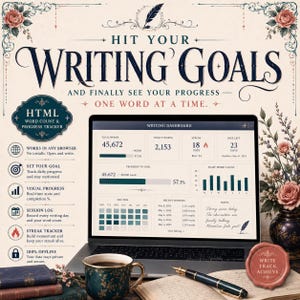 May include: A digital writing dashboard on a laptop screen displaying word counts, progress bars, and a calendar. The text reads Hit Your Writing Goals and Finally See Your Progress - One Word At A Time. Includes a fountain pen and a dark green mug.