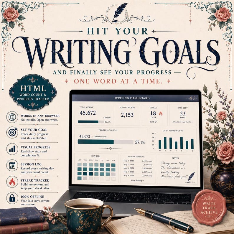 May include: A digital writing dashboard on a laptop screen displaying word counts, progress bars, and a calendar. The text reads Hit Your Writing Goals and Finally See Your Progress - One Word At A Time. Includes a fountain pen and a dark green mug.